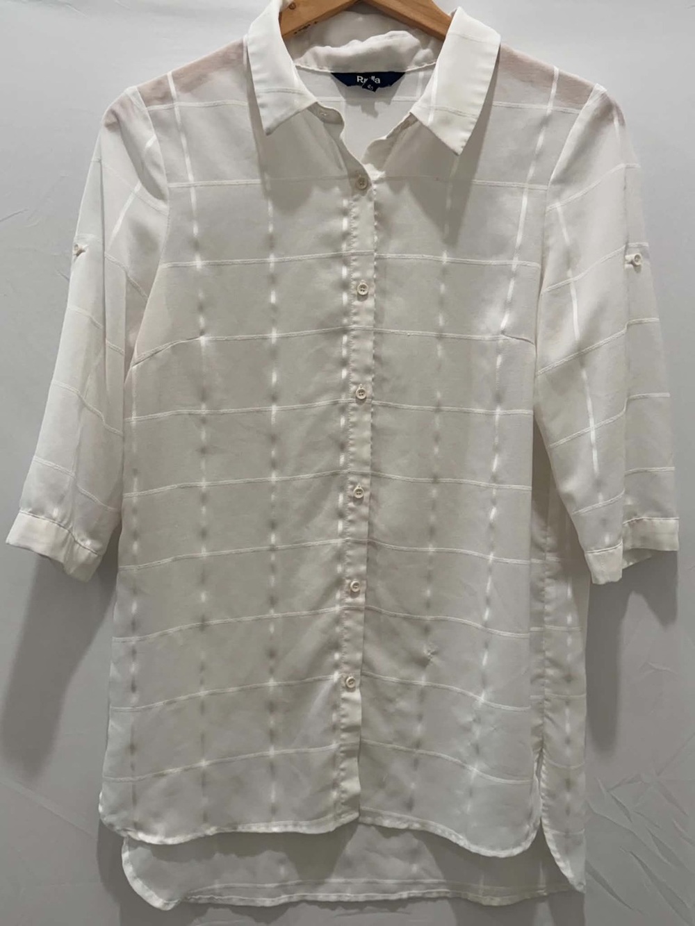 Puella Anthropologie Vintage Sheer White Grid-Texture Button Shirt Tunic Women M